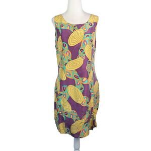 Vintage 90s Yellow and Purple Abstract Art Geometric Silk Mini Dress M